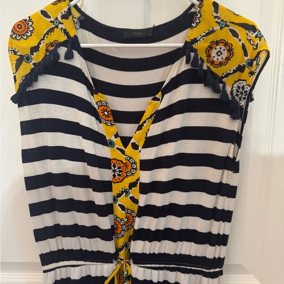 THML Navy and White Striped Maxi Dress with Yellow Floral Detail - Picture 2 of 7